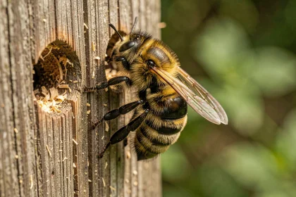 Abeille charpentière noire accrochée à un poteau en bois vieilli avec des trous de nidification visibles dans un jardin