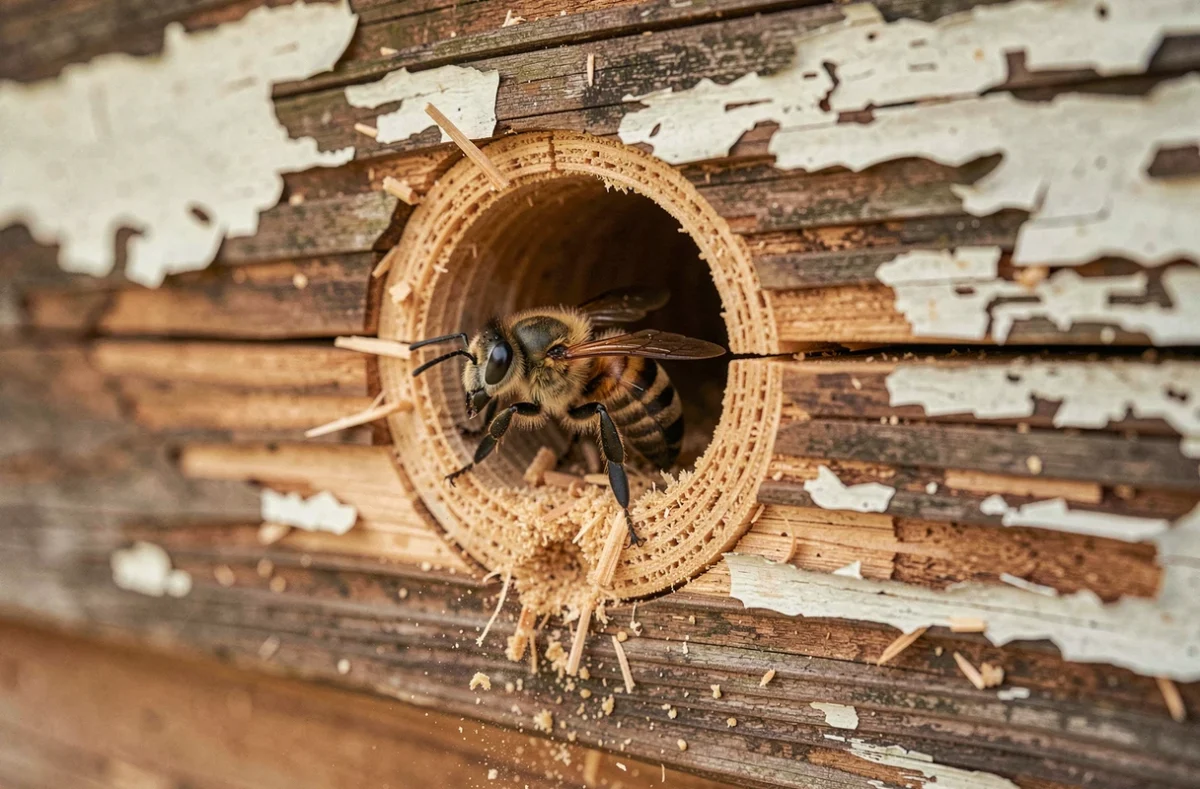 Abeille charpentière sortant d'un trou circulaire creusé dans une poutre en bois d'une vieille grange