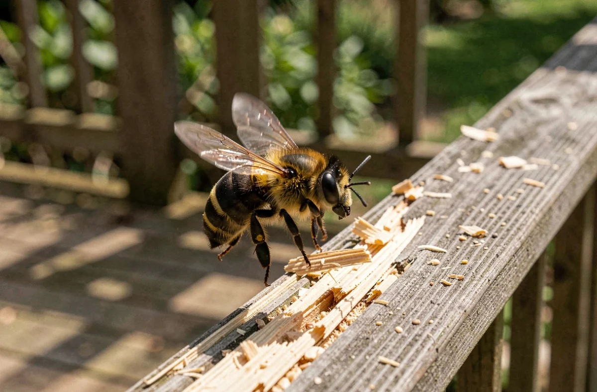 Abeille charpentière en vol devant une rambarde en bois avec des traces de sciure sur une terrasse en bois