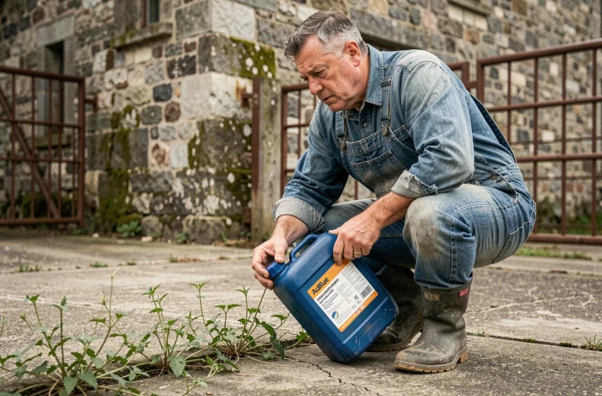 Agriculteur tenant un bidon d'AdBlue bleu en regardant les mauvaises herbes sur un sol fissuré dans une ferme, illustrant les risques d'utilisation de l'AdBlue comme désherbant