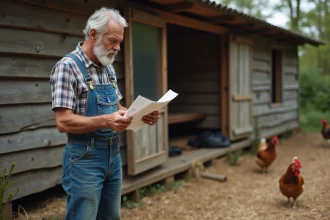 Agriculteur examinant un document officiel devant un poulailler en bois dans une ferme rurale française