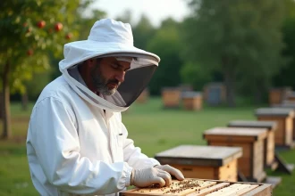 Apiculteur en combinaison de protection inspectant une ruche en bois pour détecter la présence de frelons asiatiques
