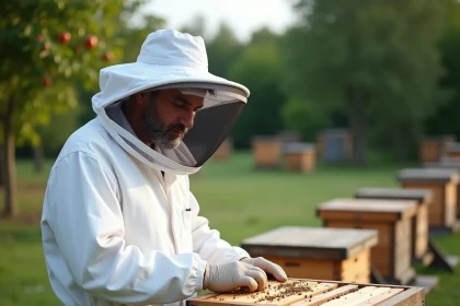 Apiculteur en combinaison de protection inspectant une ruche en bois pour détecter la présence de frelons asiatiques