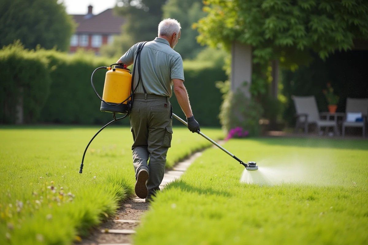 Homme appliquant un désherbant sélectif sur une grande pelouse envahie par des mauvaises herbes résistantes