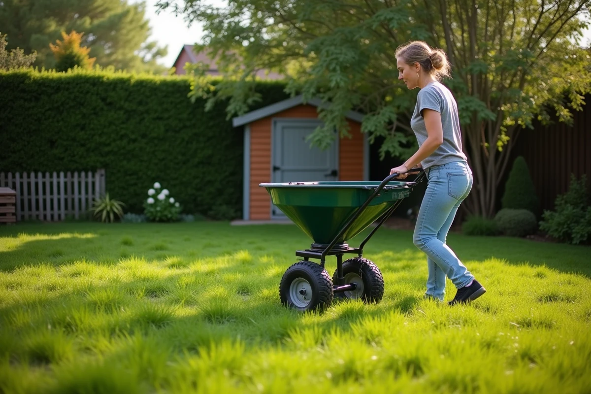 Femme appliquant un désherbant sélectif sur une pelouse ancienne et dense avec un épandeur à roues dans un jardin résidentiel
