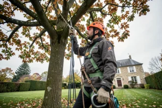 Arboriste professionnel de l'entreprise Renard élagage en train d'élaguer un grand chêne avec des cordes d'escalade dans un jardin résidentiel