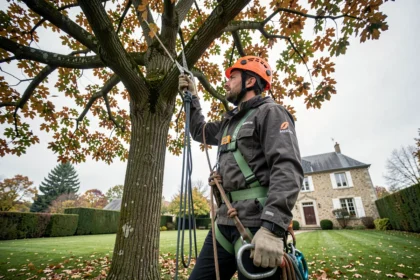 Arboriste professionnel de l'entreprise Renard élagage en train d'élaguer un grand chêne avec des cordes d'escalade dans un jardin résidentiel