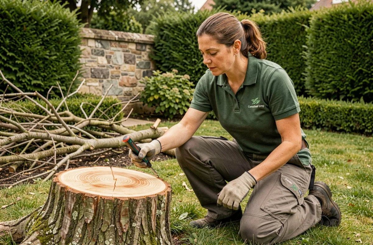 Arboriste féminine examinant la coupe transversale d'un arbre élagué dans un jardin privé à Montfort