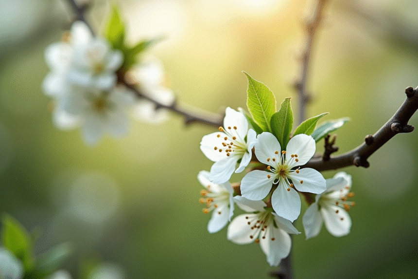 Arbre en fleurs blanches dans un jardin vibrant au matin