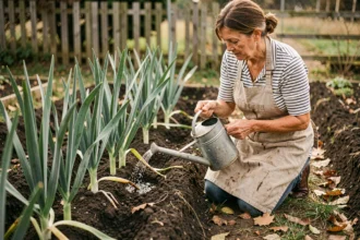 Femme arrosant des poireaux en pleine terre dans un potager avec un arrosoir en métal