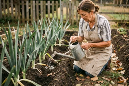 Femme arrosant des poireaux en pleine terre dans un potager avec un arrosoir en métal