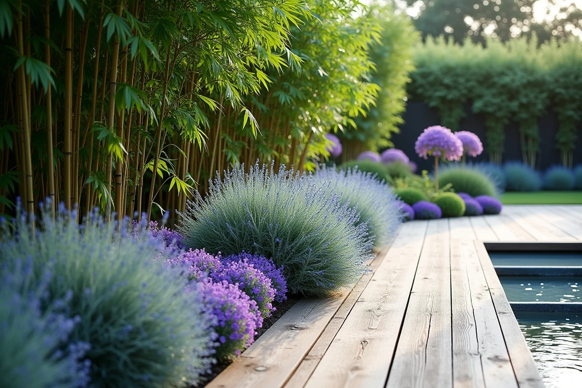 Association végétale avec haie de bambous non traçants, agapanthus, festuca et phormium en bordure de terrasse en bois