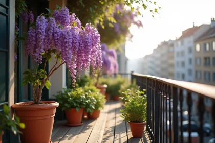 Balcon fleuri avec un arbre de glycine aux grappes de fleurs violettes en pleine floraison printanière