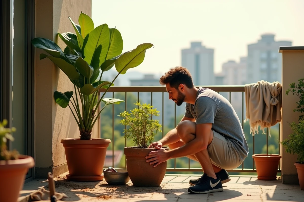 Vue large d'un balcon urbain en canicule avec un ficus elastica en cours de rempotage et outils de jardinage