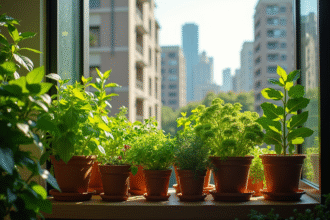 Balcon urbain avec herbes et légumes verts ensoleillés