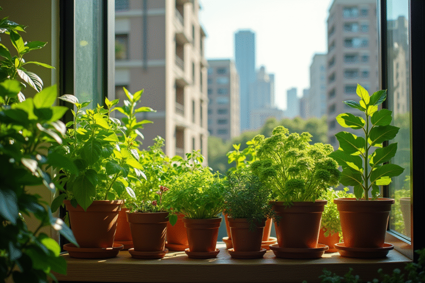 Balcon urbain avec herbes et légumes verts ensoleillés