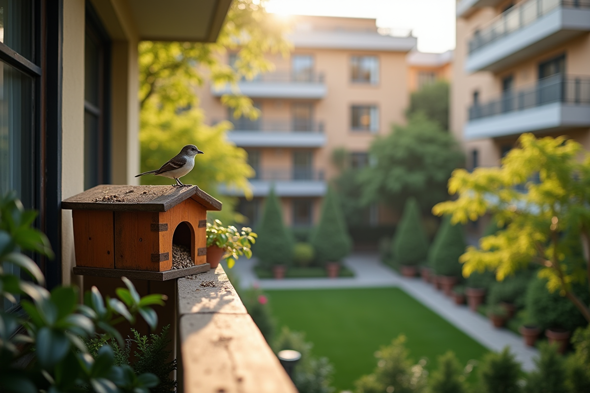 Balcon résidentiel avec une cachette à oiseaux sous la rambarde