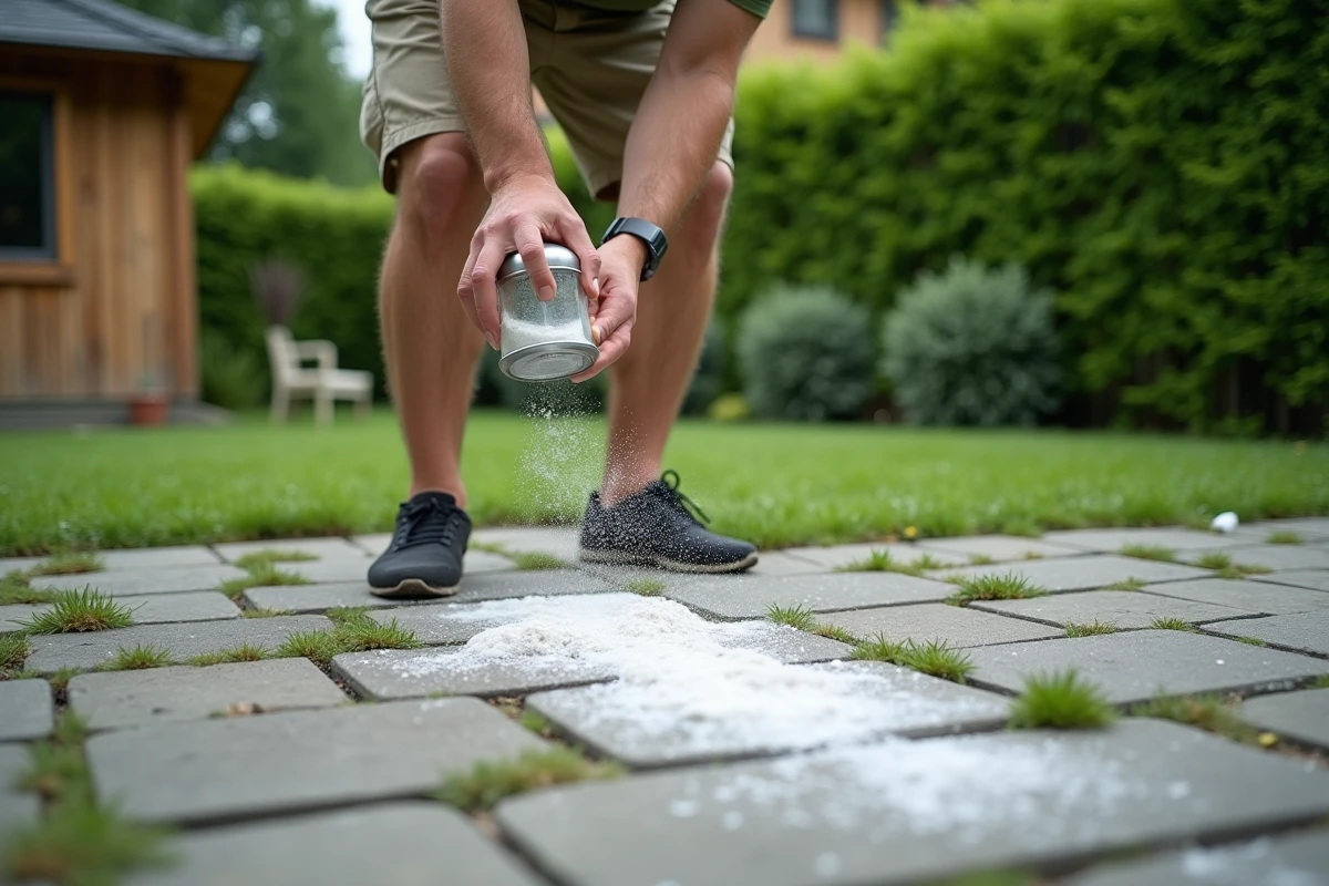 Homme appliquant du bicarbonate de soude dans les joints de pavés autobloquants pour éliminer les mauvaises herbes naturellement