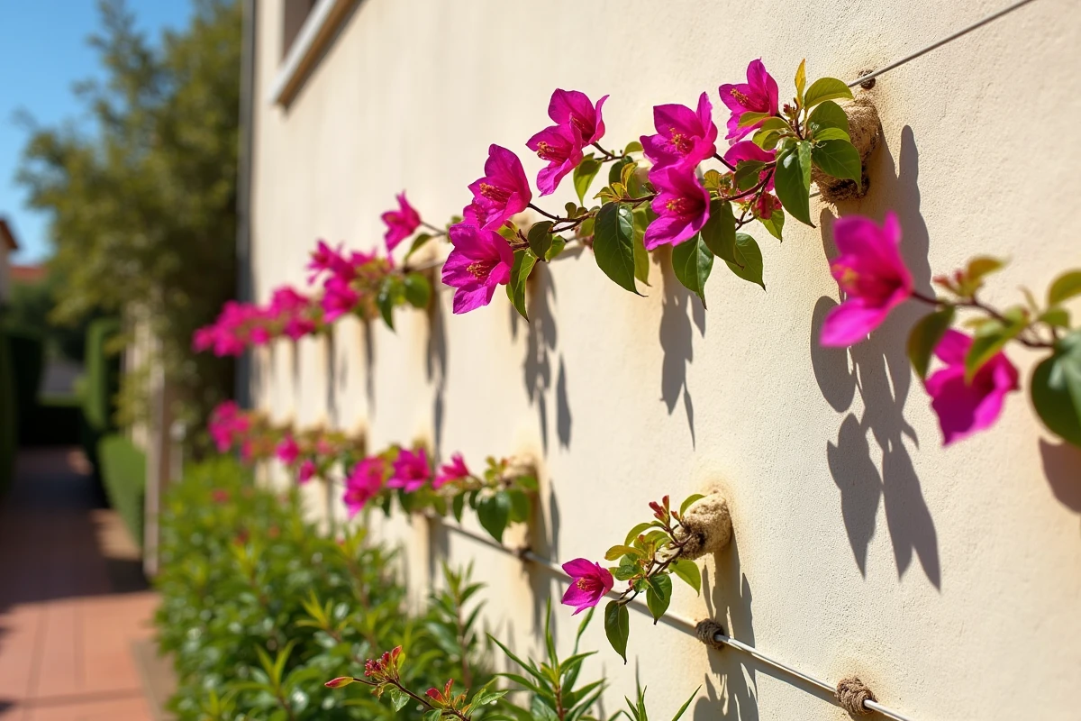 Jeune bougainvillier palissé sur un mur extérieur en stuc avec des fils de guidage et de nouvelles pousses vertes