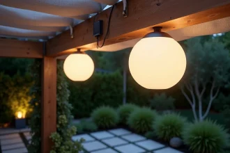 Boules d'éclairage extérieur suspendues sous une pergola en bois, comparaison entre modèle solaire et filaire dans un jardin moderne