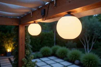 Boules d'éclairage extérieur suspendues sous une pergola en bois, comparaison entre modèle solaire et filaire dans un jardin moderne