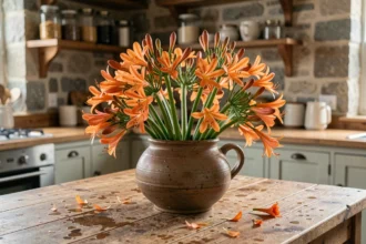 Bouquet d'agapanthes orange en vase céramique sur table en chêne, composition florale longue durée pour décoration intérieure