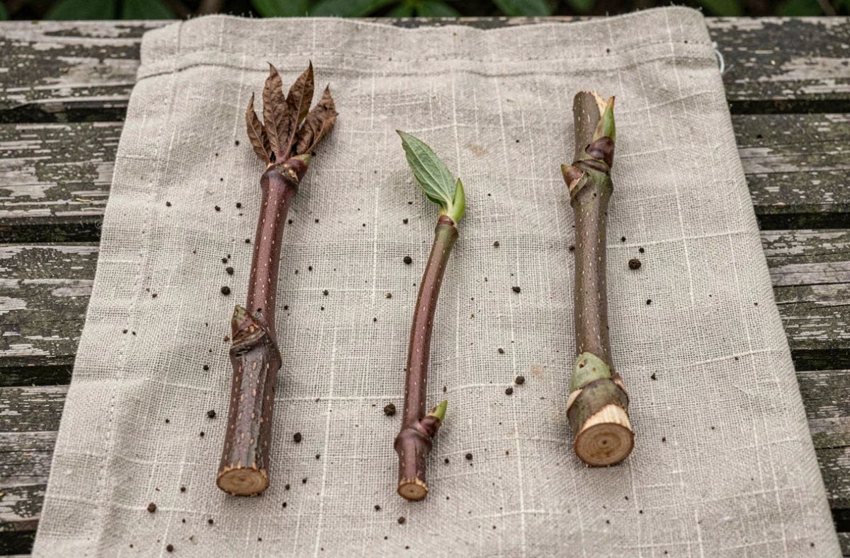 Gros plan de boutures de pivoine arbustive en différents états de reprise posées sur un tissu en lin naturel