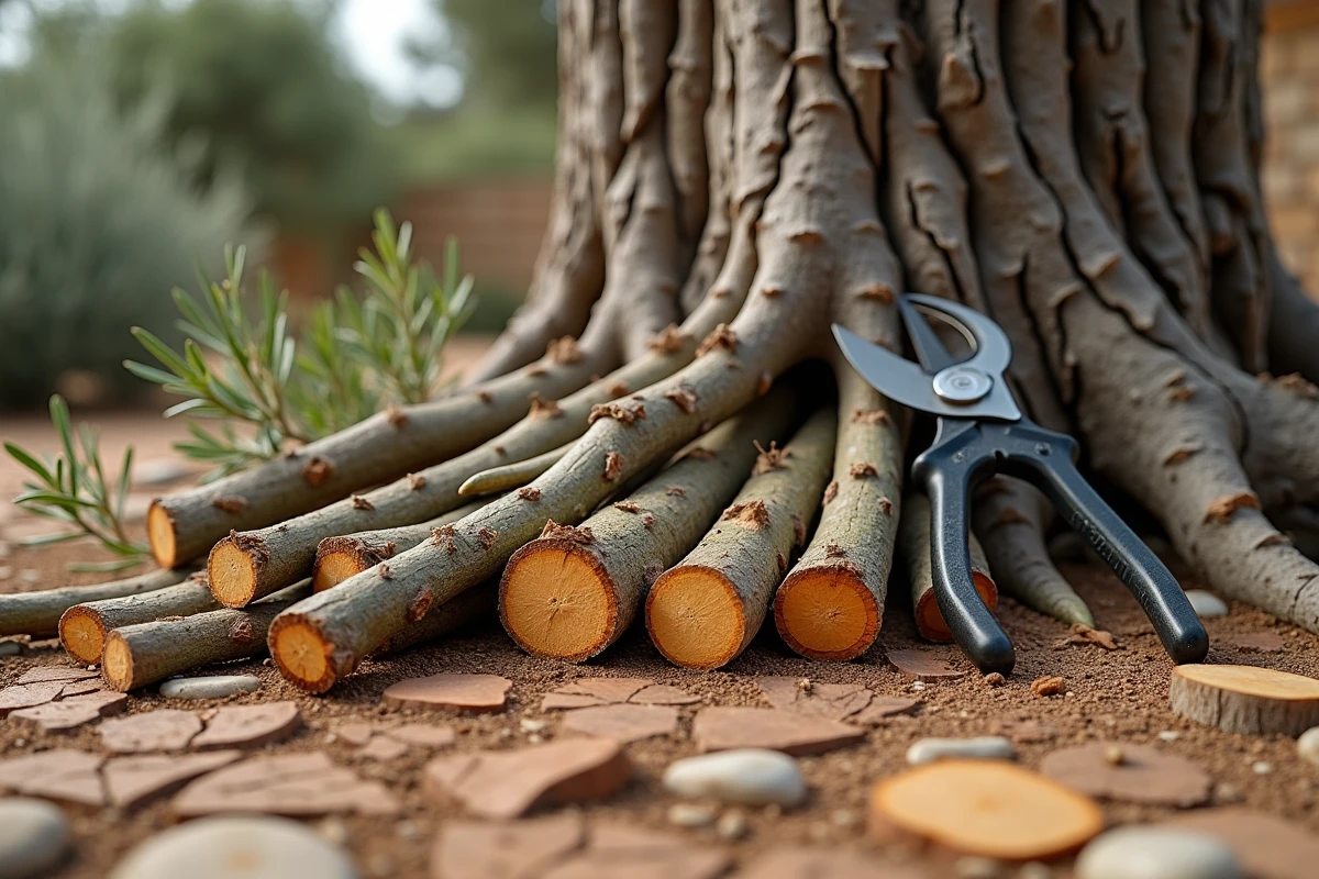 Gros plan sur des branches d'olivier coupées et un sécateur posé sur une souche ancienne après une taille sévère