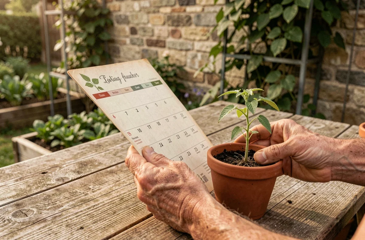 Mains tenant un calendrier potager et un plant de tomate en terracotta sur une table de jardinage