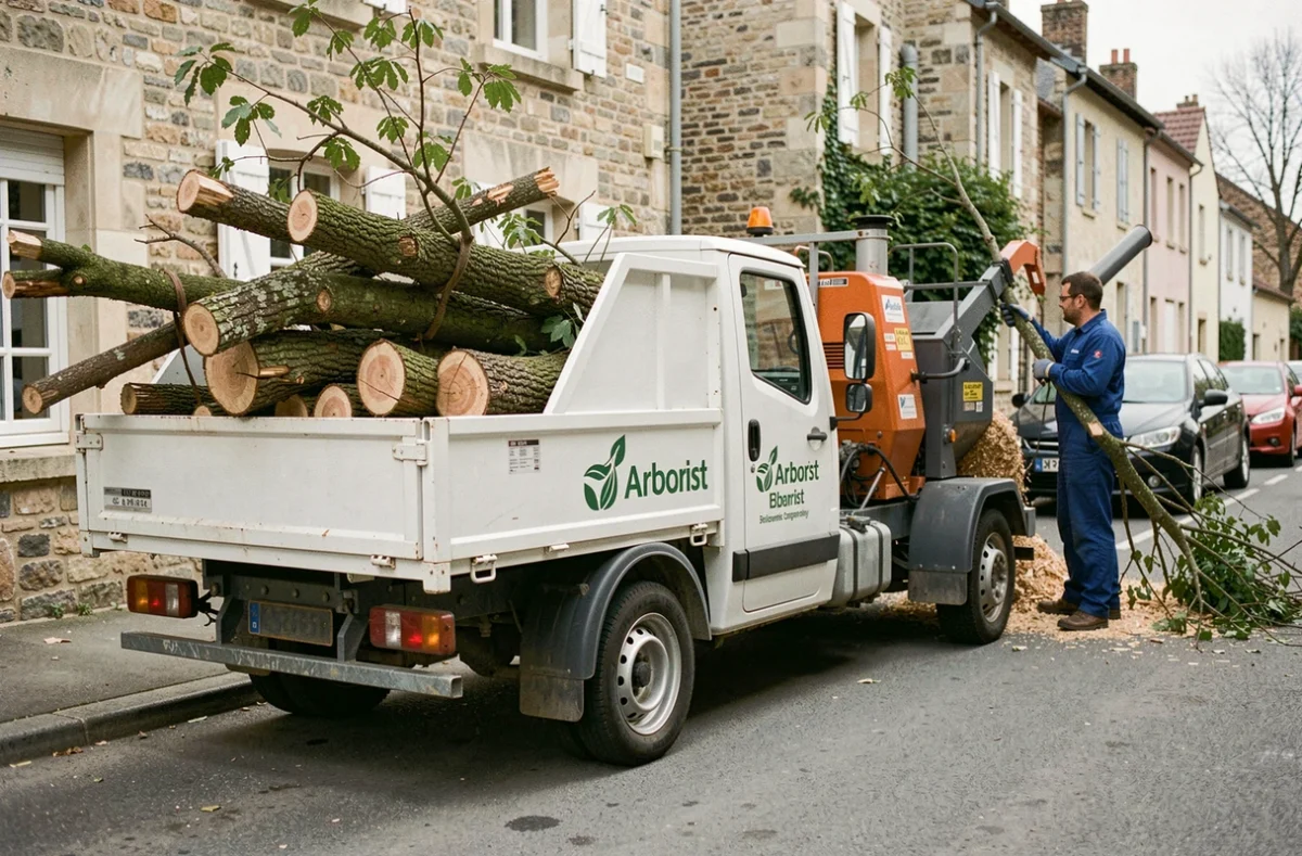 Camion de l'entreprise Renard élagage avec broyeur de branches garé dans une rue résidentielle française lors d'un chantier d'élagage