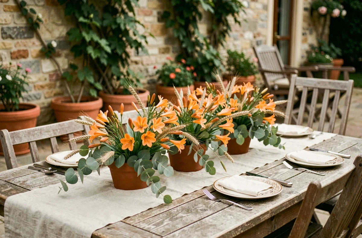 Centre de table avec agapanthes orange et eucalyptus en vases terracotta sur terrasse extérieure pour décoration estivale