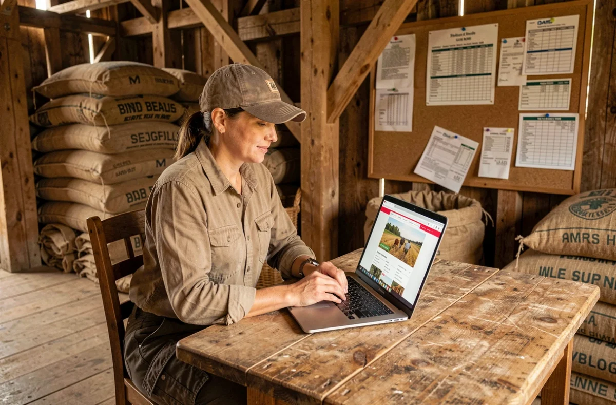 Agricultrice céréalière examinant une plateforme d'inscription agricole sur ordinateur portable dans un bureau rustique de grange