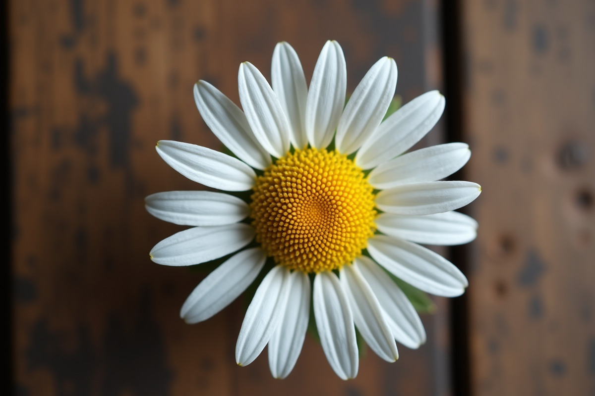 Fleur de chamomile vue de dessus sur bois rustique