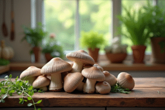Champignons chanterelles grises fraîchement récoltés sur une table en bois