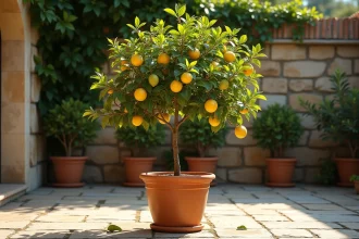 Citronnier en pot sur terrasse méditerranéenne avec feuilles jaunissantes et tombées au printemps