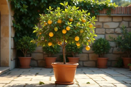 Citronnier en pot sur terrasse méditerranéenne avec feuilles jaunissantes et tombées au printemps