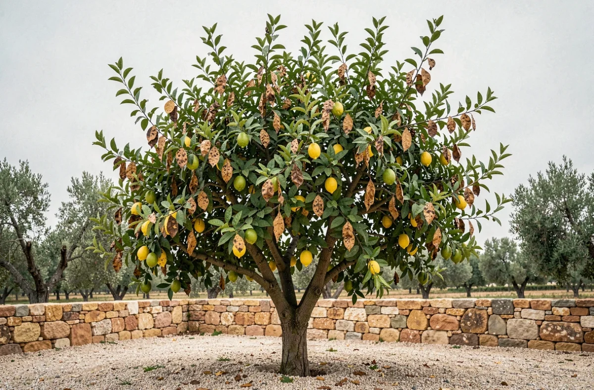 Citronnier en pleine terre dans un jardin méditerranéen avec feuillage bruni et taches marron visibles