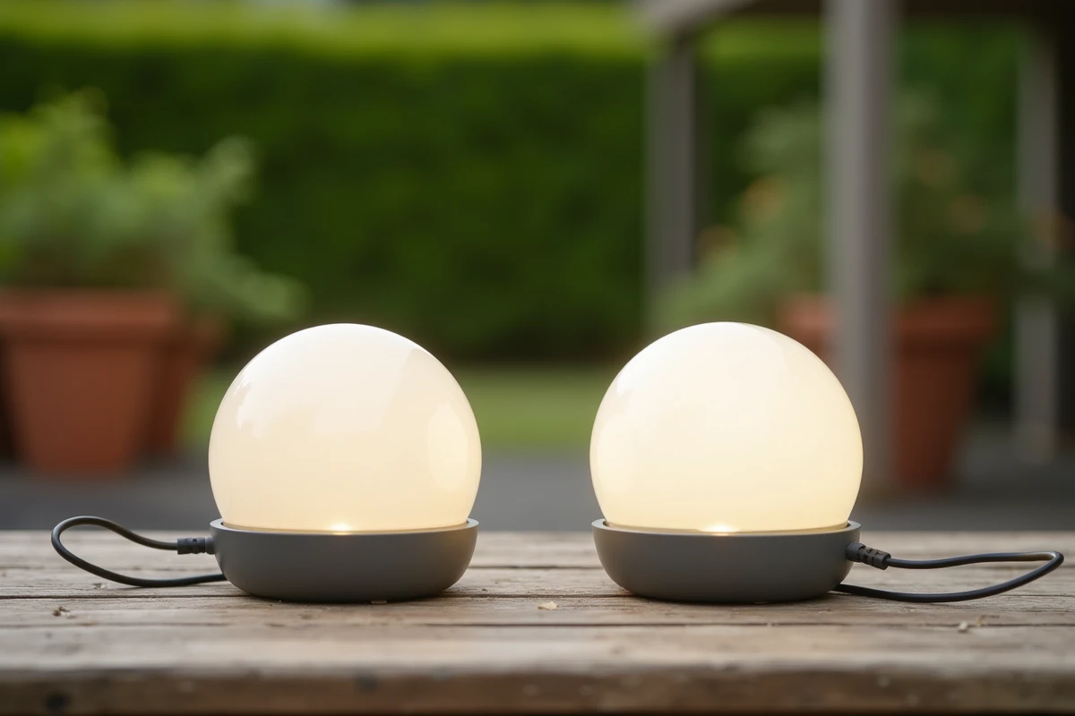 Comparaison entre une boule solaire et une boule filaire posées côte à côte sur une table en bois dans un jardin