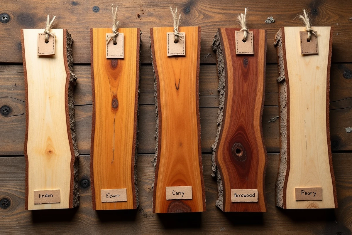 Comparaison de cinq essences de bois pour sculpture disposées en flat lay sur un établi en chêne
