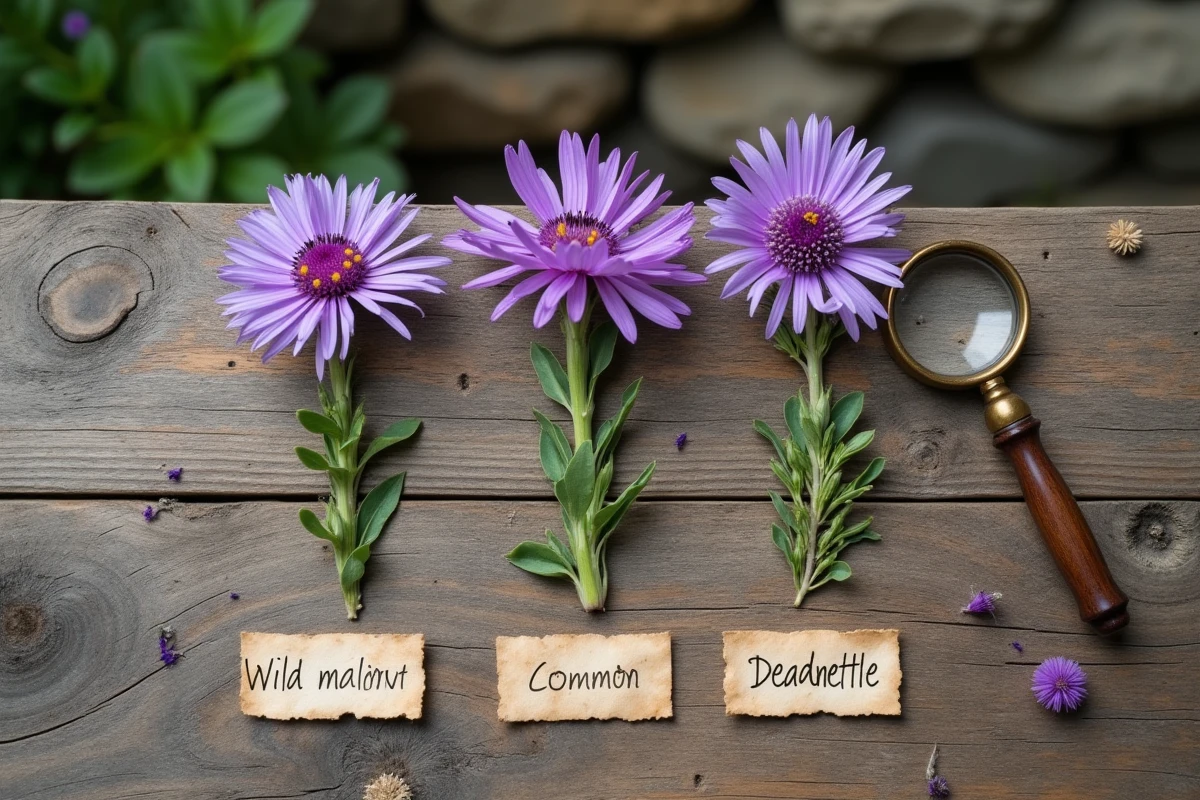 Comparaison de fleurs mauves sauvages comestibles et toxiques sur table en bois