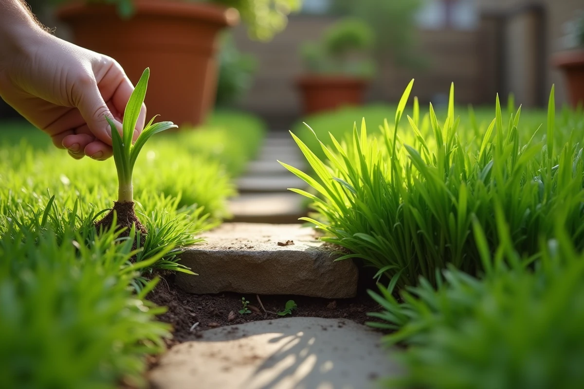 Comparaison en gros plan entre jeunes pousses de gazon fragiles et gazon adulte dense séparés par une bordure en bois dans un jardin