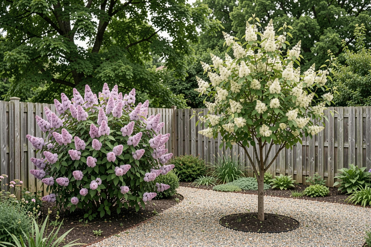 Comparaison côte à côte d'un lilas classique taillé et d'un lilas du Japon dans une allée de jardin en gravier