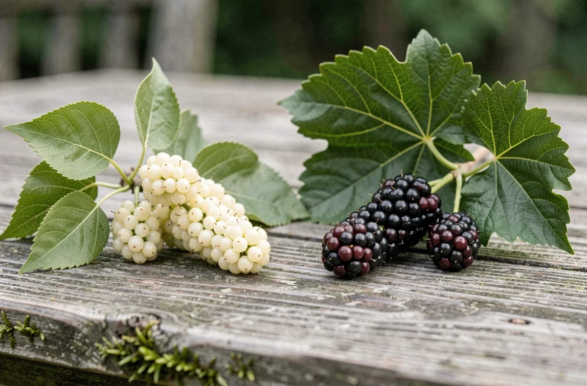 Comparaison de rameaux de mûrier blanc et de mûrier platane avec leurs fruits respectifs sur une table en bois