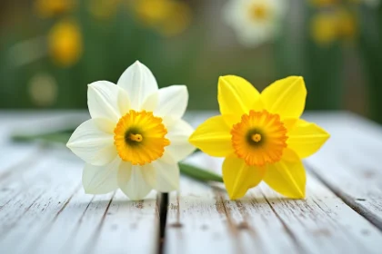 Comparaison côte à côte d'une fleur de narcisse et d'une jonquille sur une table en bois blanc, montrant les différences de taille du cornet et des pétales