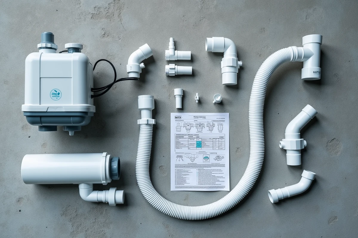 Vue à plat des composants nécessaires à l'installation d'une pompe Intex compatible traitement au sel pour piscine hors-sol
