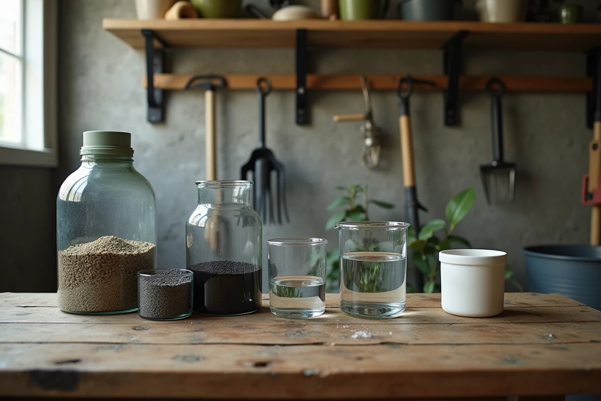 Composants naturels de purification d'eau de pluie disposés sur un établi en bois : filtre biosable, charbon actif et filtre céramique