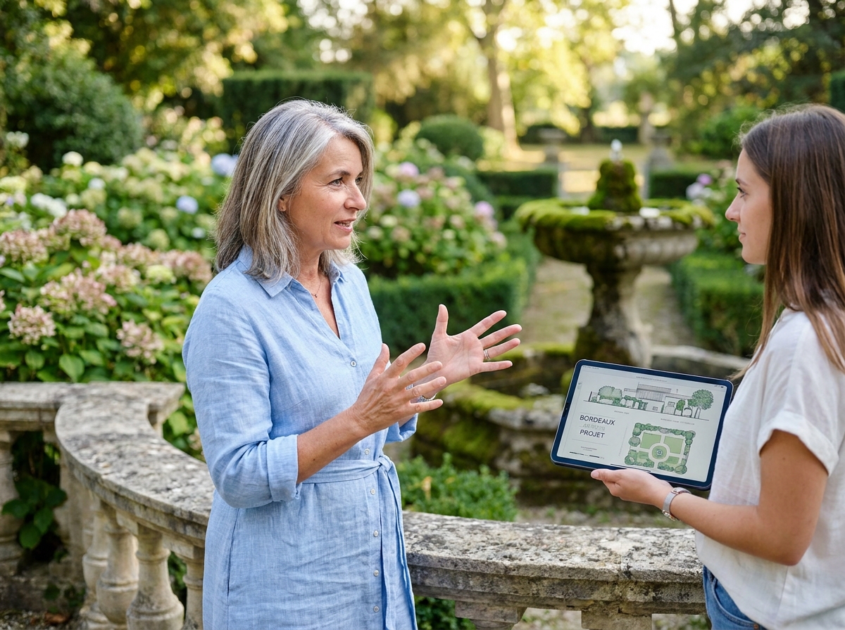 Client et paysagiste discutant de l'aménagement d'un jardin sur une terrasse en pierre à Bordeaux