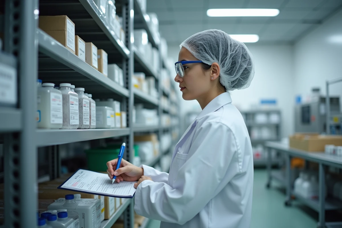 Jeune femme inspectant des étagères en laboratoire