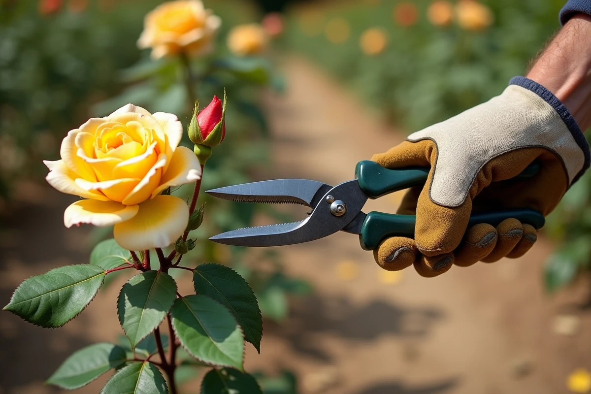 Gros plan sur des mains qui coupent un rosier au bon endroit après floraison estivale