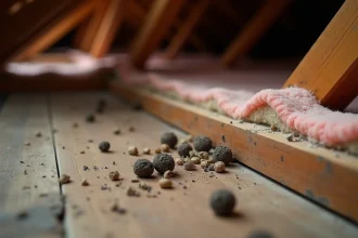 Crottes de loir sur une poutre en bois dans un grenier avec isolation en laine de verre endommagée